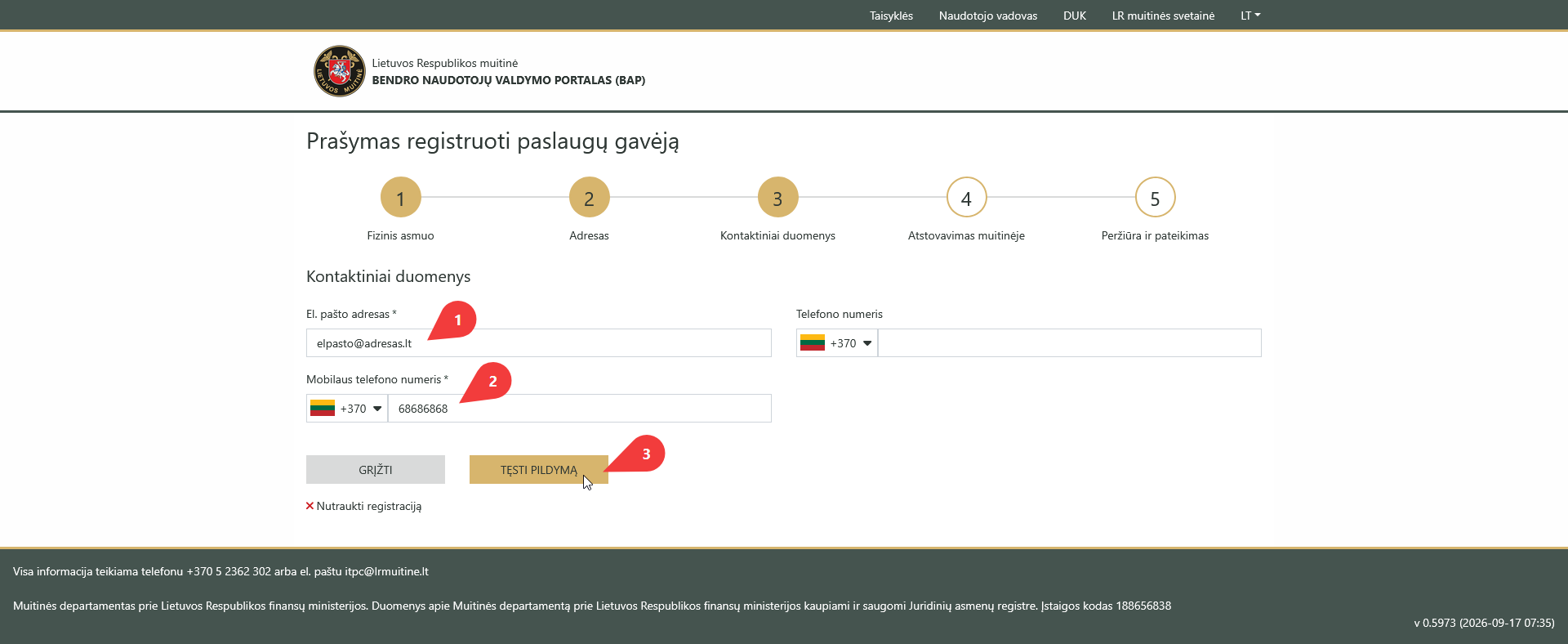 kontaktinių duomenų pildymas