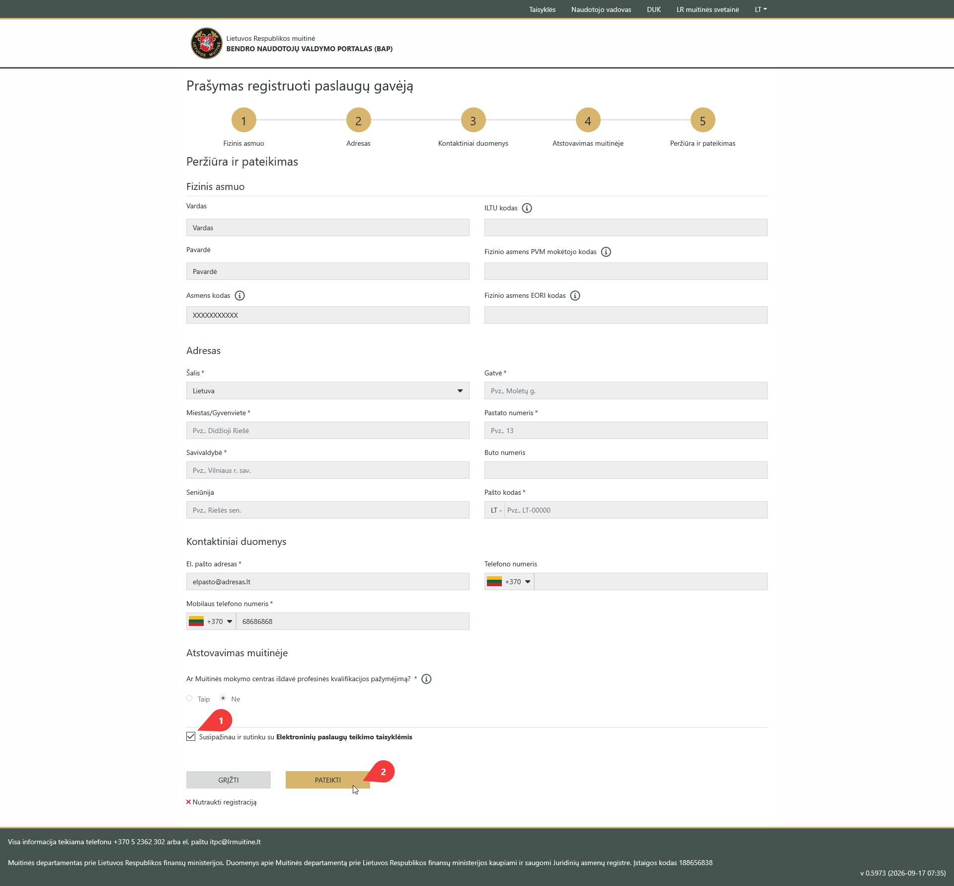 registracijos duomenų peržiūra ir pateikimas