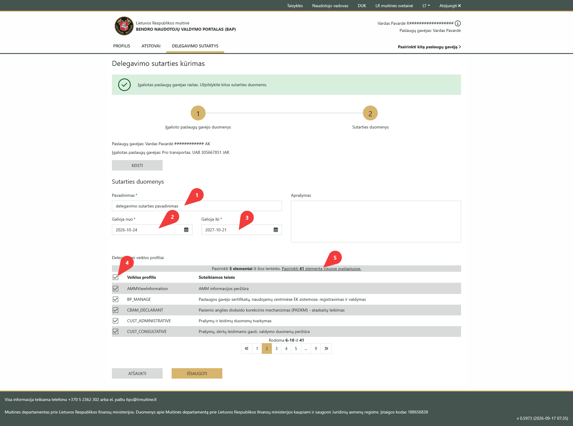 sutarties duomenų pildymas ir visų veiklos profilių pasirinkimas