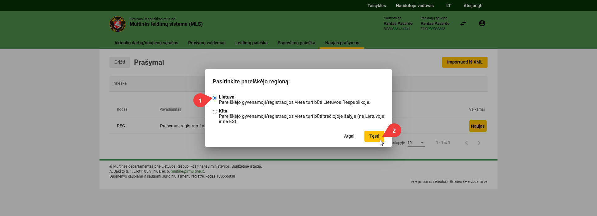 pareiškėjo regiono pasirinkimas